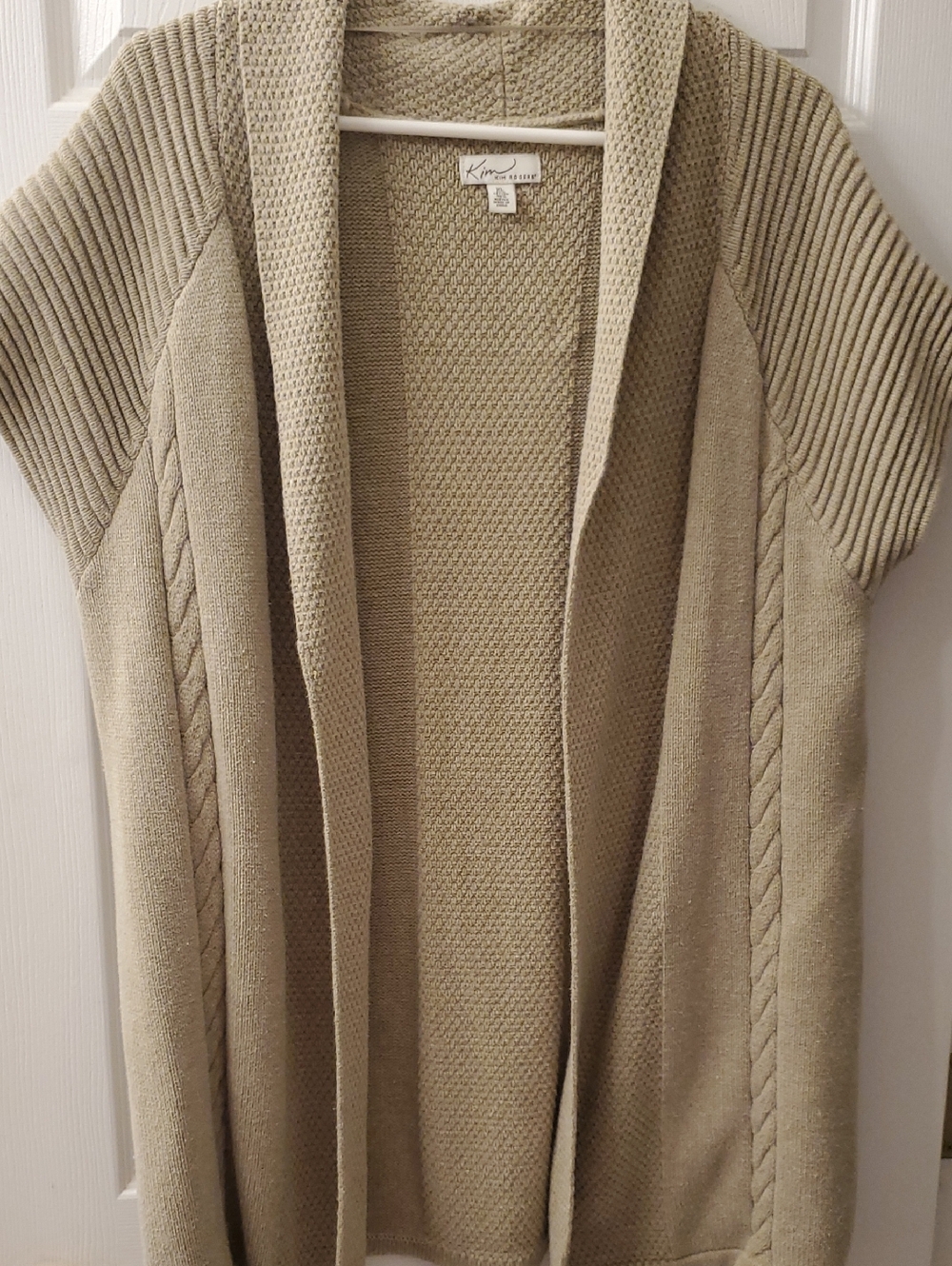 Kim Rogers Beige Open-Front Short-Sleeve Knit Cardigan